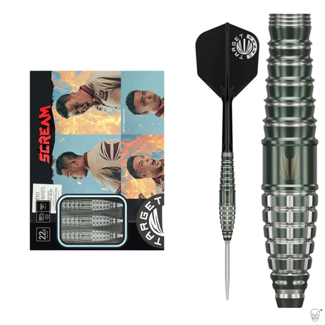 Steel tip tungsten darts in retail packaging, full dart view, and close-up showing precision grooved barrel grip