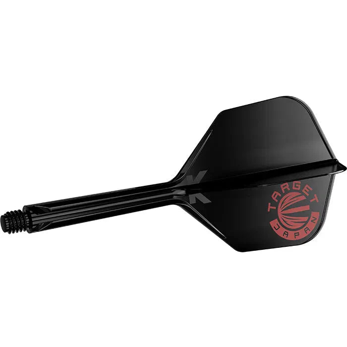 Black No.6 dart flight and shaft combo angled view, Target Japan logo, isolated on white, highlights durable integrated design