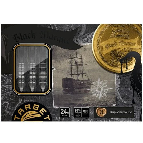 Boxed set of 90% tungsten steel tip darts on black packaging, three darts visible with detailed barrel grip and 24g weight marking