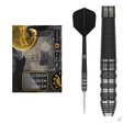 Tungsten steel tip darts set in retail packaging, with full dart view and barrel grip close-up, isolated on white background