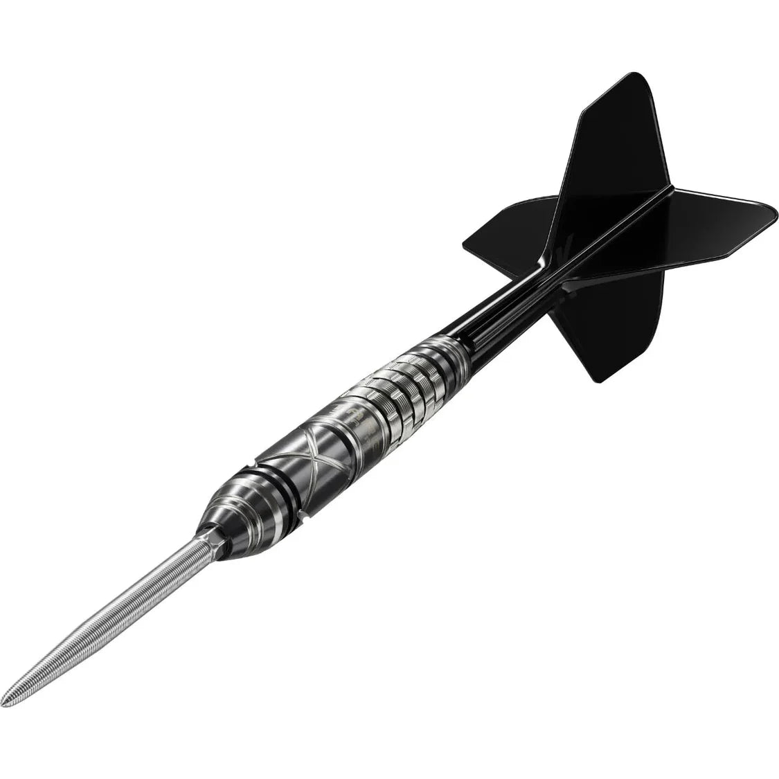 Angled close-up of 90% tungsten dart with detailed barrel grip and black flight, isolated on white background