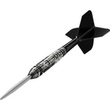 Angled close-up of 90% tungsten dart with detailed barrel grip and black flight, isolated on white background