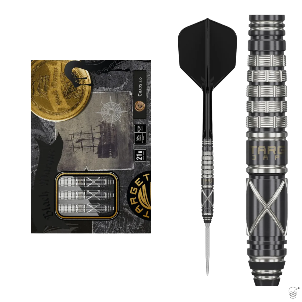 Black Marque Chaos 2.0 tungsten darts set with 21g packaging, close-up barrel grip details, and full dart on white background