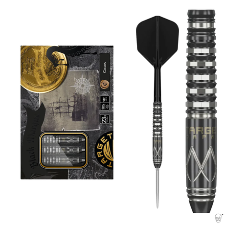 Steel tip tungsten darts set in retail packaging with close-up of single dart highlighting precision grip rings and detailed barrel engraving