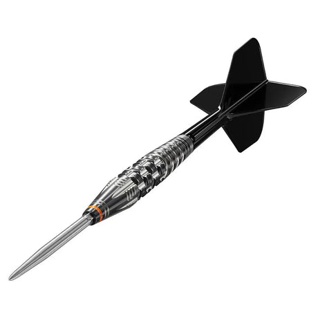 Angled view tungsten dart on white background showing precision grip barrel, sharp steel tip, black flight, and barrel engravings