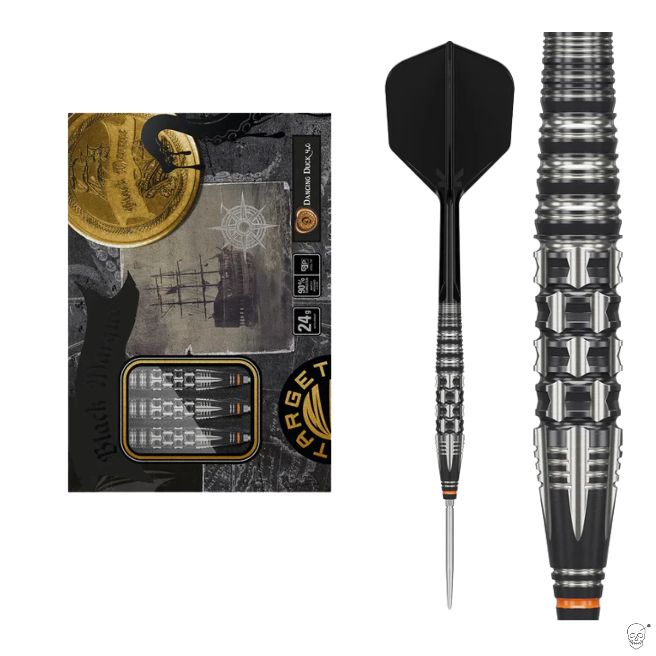 90% tungsten darts set in retail box, single assembled dart with black flight, and close-up of precision grip barrel on white background