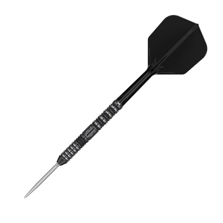 Angled view of single steel tip tungsten dart with black knurled barrel, detailed grip rings, black shaft and flight isolated on white