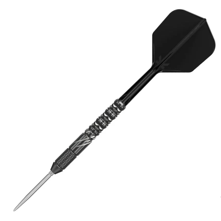 Steel tip tungsten dart with black grip barrel and black flight, full product view on white background