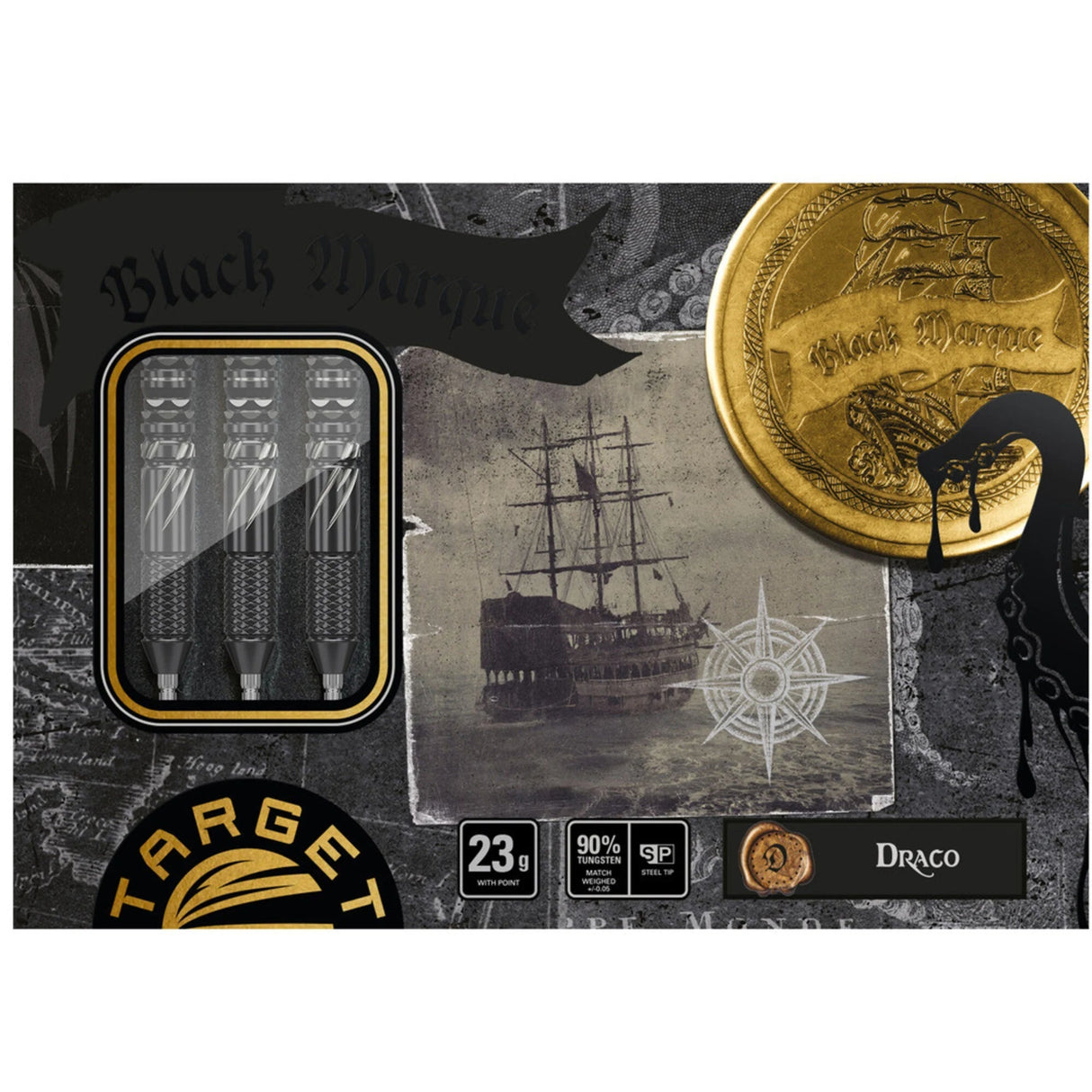 Steel tip tungsten darts set in retail packaging window, three black barrels with textured grip, 23g weight, SP points, collector display box.