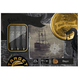 Steel tip tungsten darts set in retail packaging window, three black barrels with textured grip, 23g weight, SP points, collector display box.