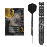 Black Marque Draco 90% tungsten steel tip darts shown in retail packaging, with isolated close-up detailing knurled grip and precision barrel design