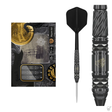 Steel tip tungsten darts set with packaging, full dart view, and close-up barrel design highlighting grip texture and engravings
