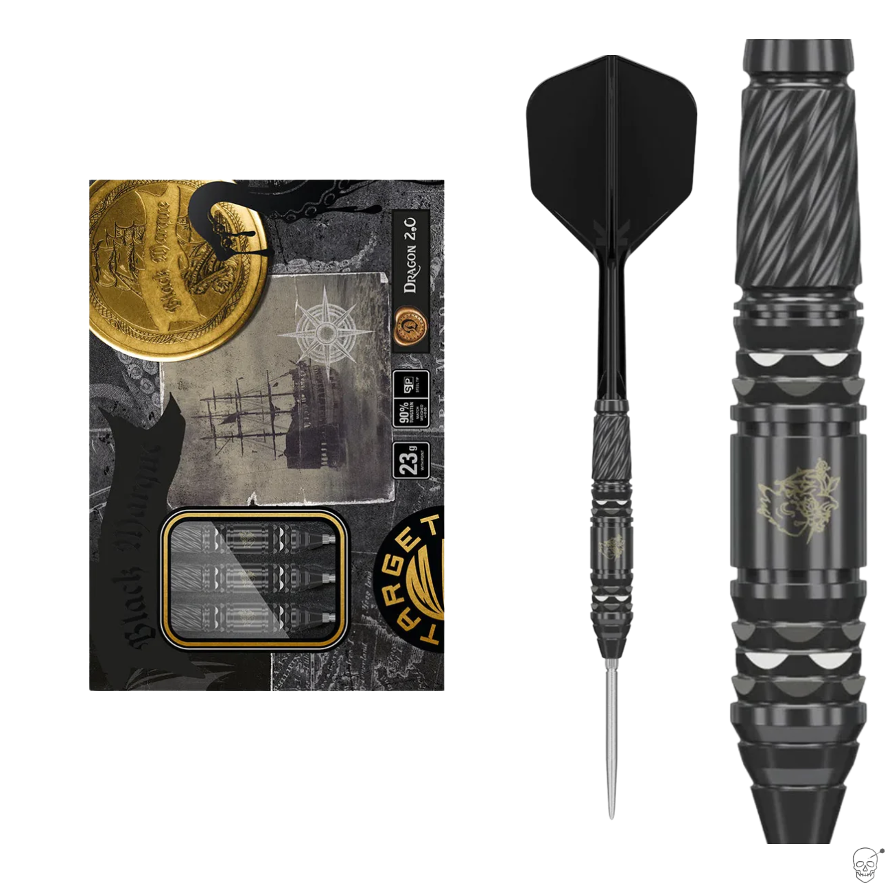 Steel tip tungsten darts set with packaging, full dart view, and close-up barrel design highlighting grip texture and engravings
