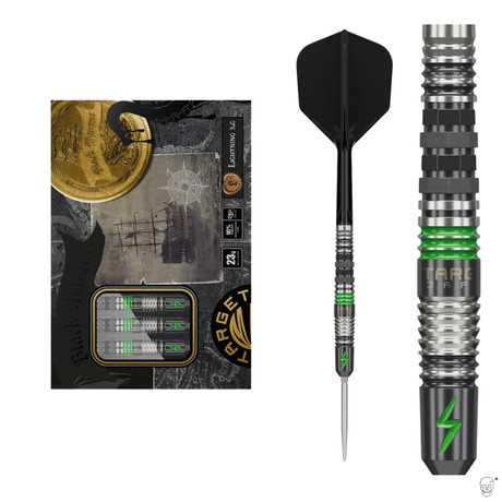 Full view of 90% tungsten darts set in retail packaging, assembled dart, and barrel close-up with green rings and polygonal grip