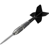 Angled view of steel tip tungsten dart with detailed knurled barrel grip and black flight, isolated on white background