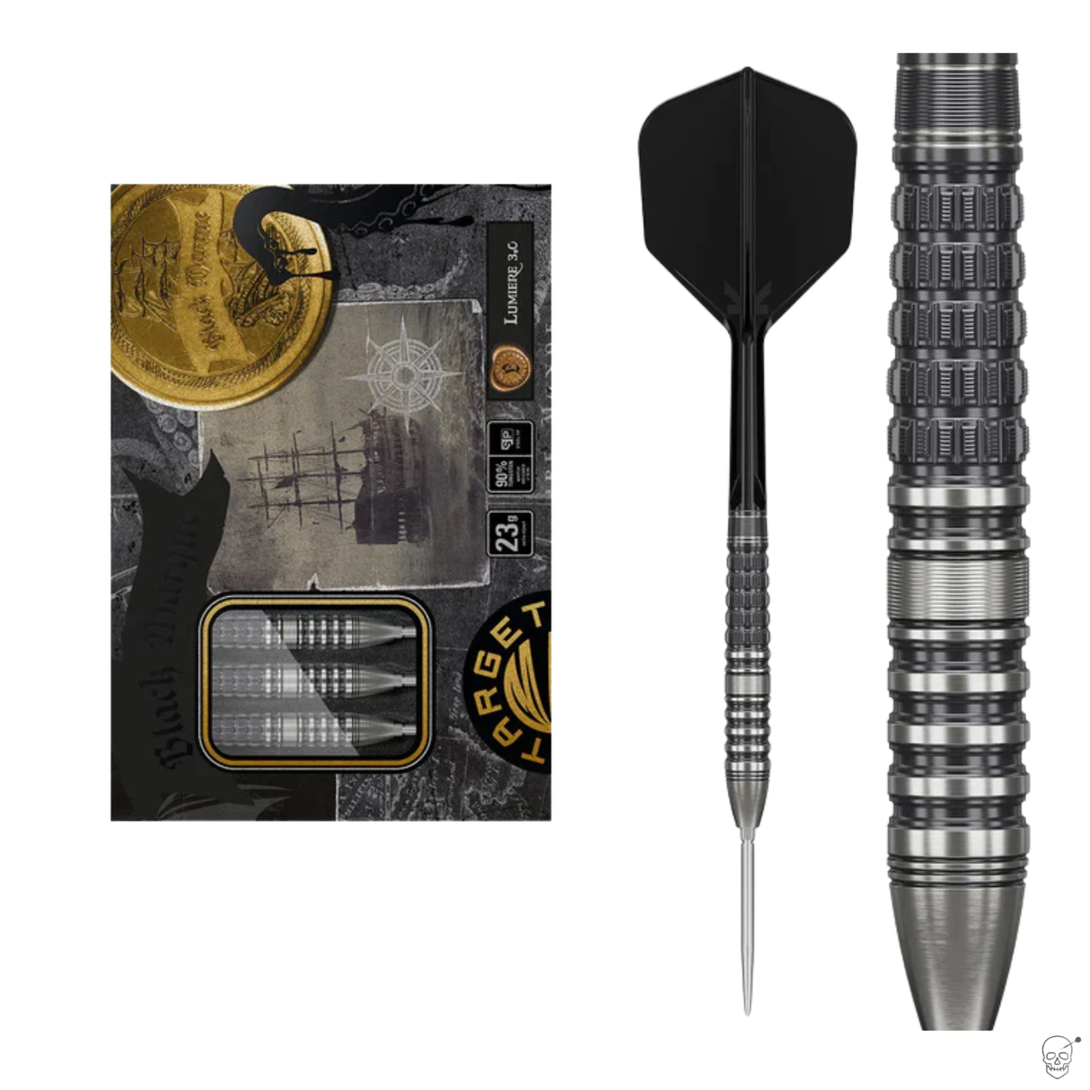Steel tip tungsten darts set in display packaging with enlarged dart showing grip rings and detailed barrel texture
