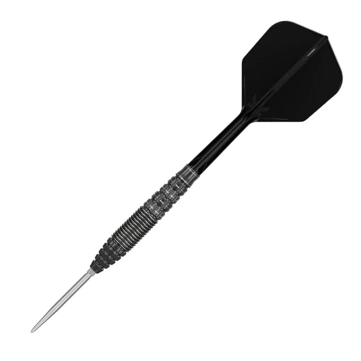 Steel tip tungsten dart full view on white background, detailed grip barrel, black shaft and flight, ideal for precision dart players