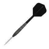 Steel tip tungsten dart full view on white background, detailed grip barrel, black shaft and flight, ideal for precision dart players