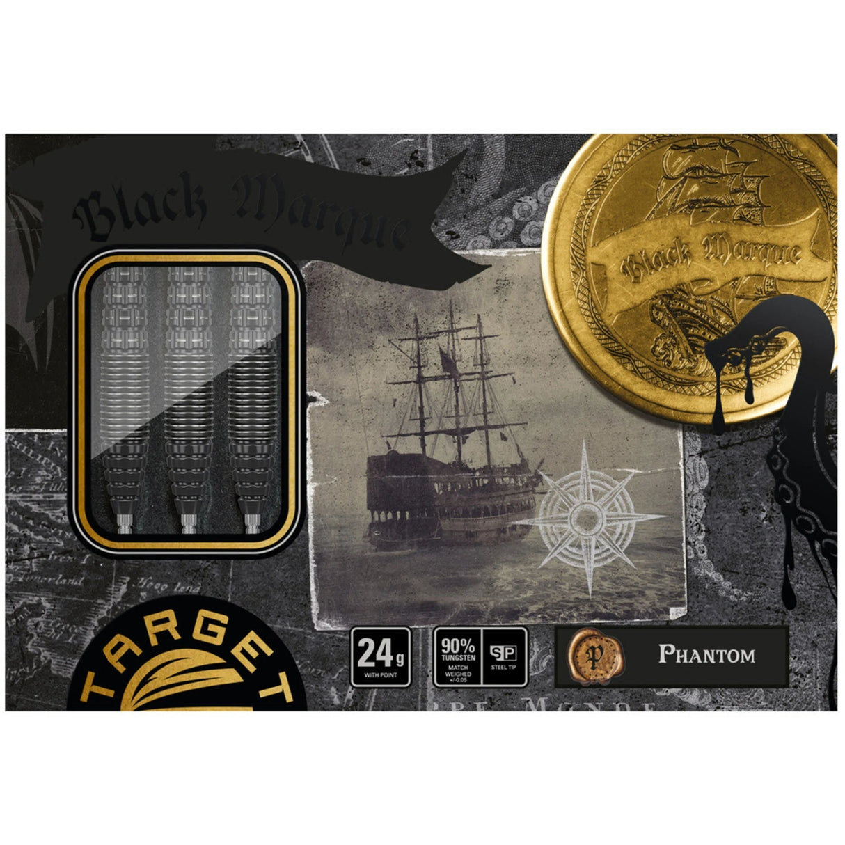 Three steel tip 90% tungsten darts in display case packaging with ship and coin graphics, 24g weight, designed for dart players