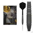 Steel tip tungsten darts in retail packaging with close-up of black precision-milled barrel grip and full assembled dart on white background