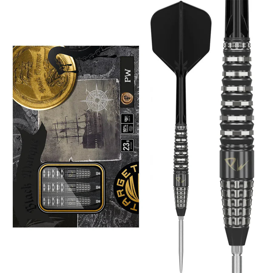 Full view of 90% tungsten darts in retail packaging with close-up on precision grooved barrel grip and black flight, ideal for competitive players