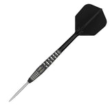 Angled full view of single 90% tungsten dart with black flight, detailed ringed grip barrel, isolated on white background