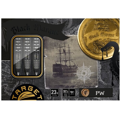 Boxed set of 90% tungsten darts in retail packaging, clear case showing grip pattern, 23g weight, Black Marque PW design.