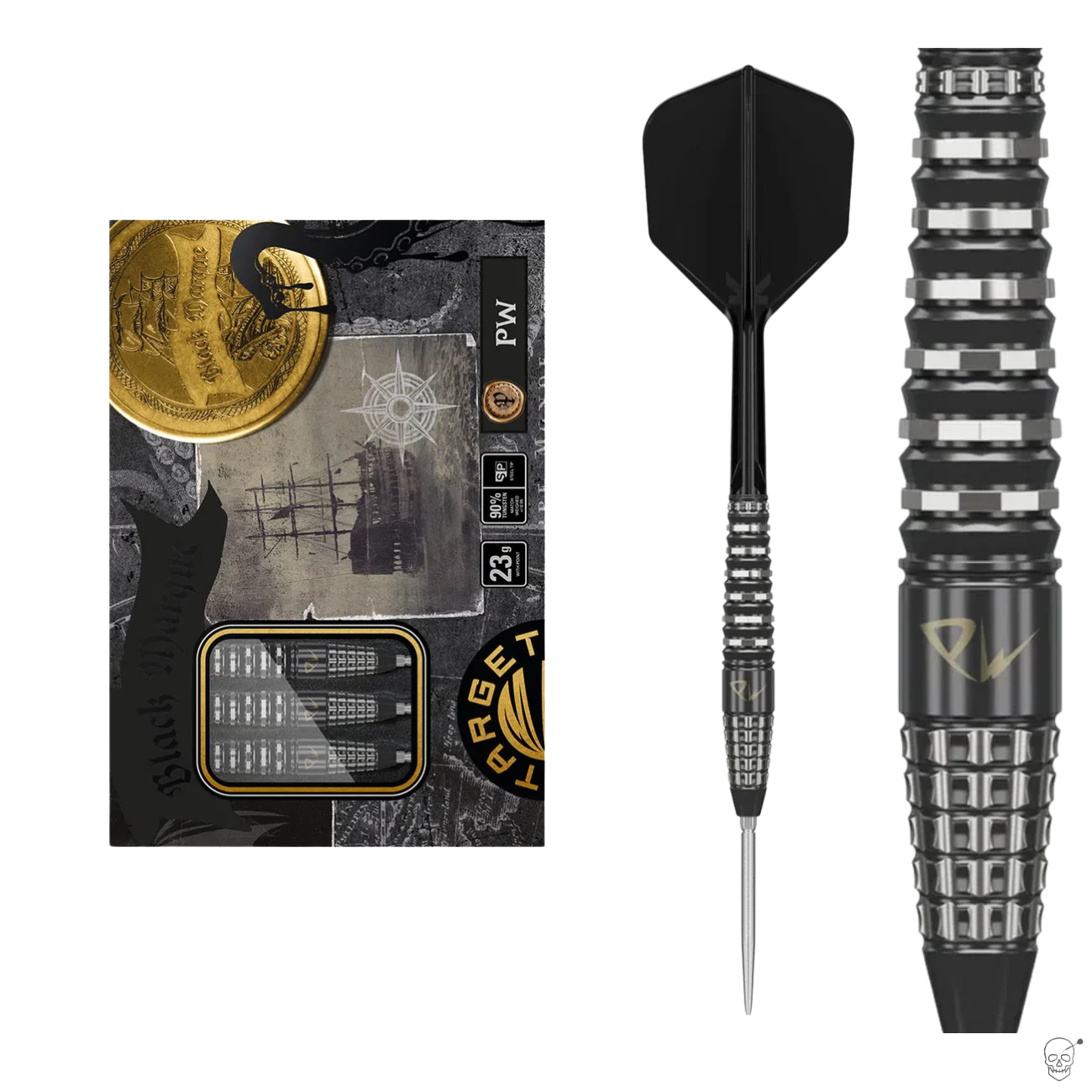 Tungsten darts set in retail packaging, full dart with black flight, and close-up of grooved barrel grip on white background