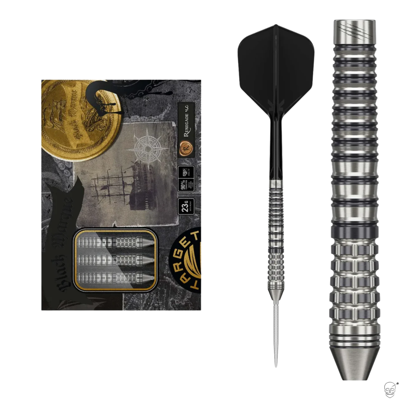 90% tungsten darts set with retail packaging, full assembled dart, and close-up barrel grip texture on white background