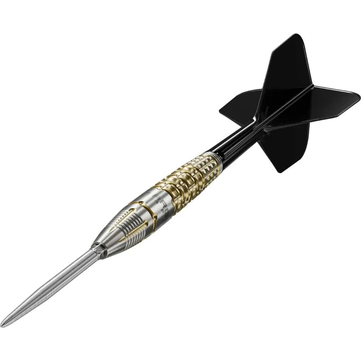Angled view tungsten dart with knurled barrel grip, grooved tip, and black flight, isolated on white background