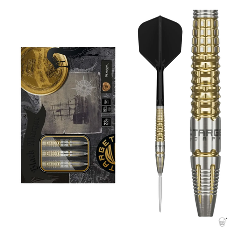 Black Marque Warrior 90% tungsten darts set with packaging, full dart view, and close-up of gold and silver precision grip barrel