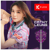 Lifestyle dart promo with player and close-up of K-Flex No.6 purple geometric flights on shafts, ideal for precision dart setup