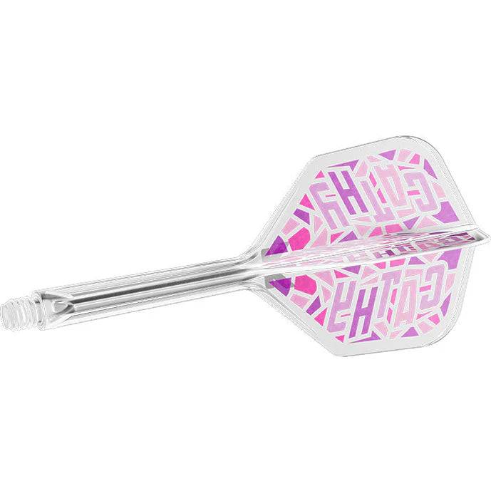 No.6 dart flight and shaft combo in clear and pink design, full side view on white background, highlighting integrated construction