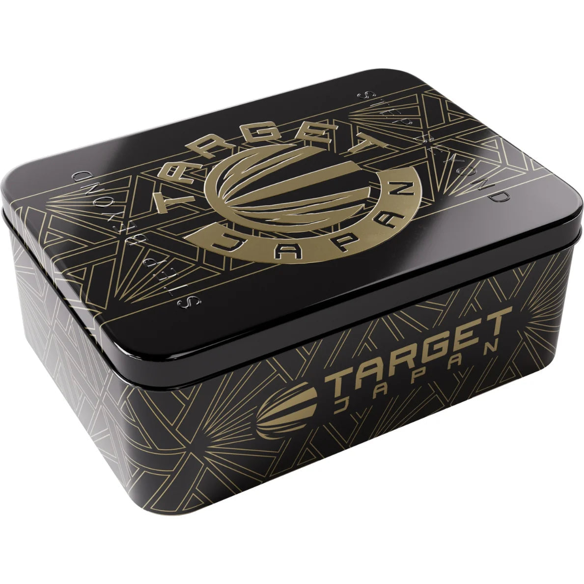 Angled view of dart storage tin with gold geometric design, single case for 90% tungsten darts, packaging presentation