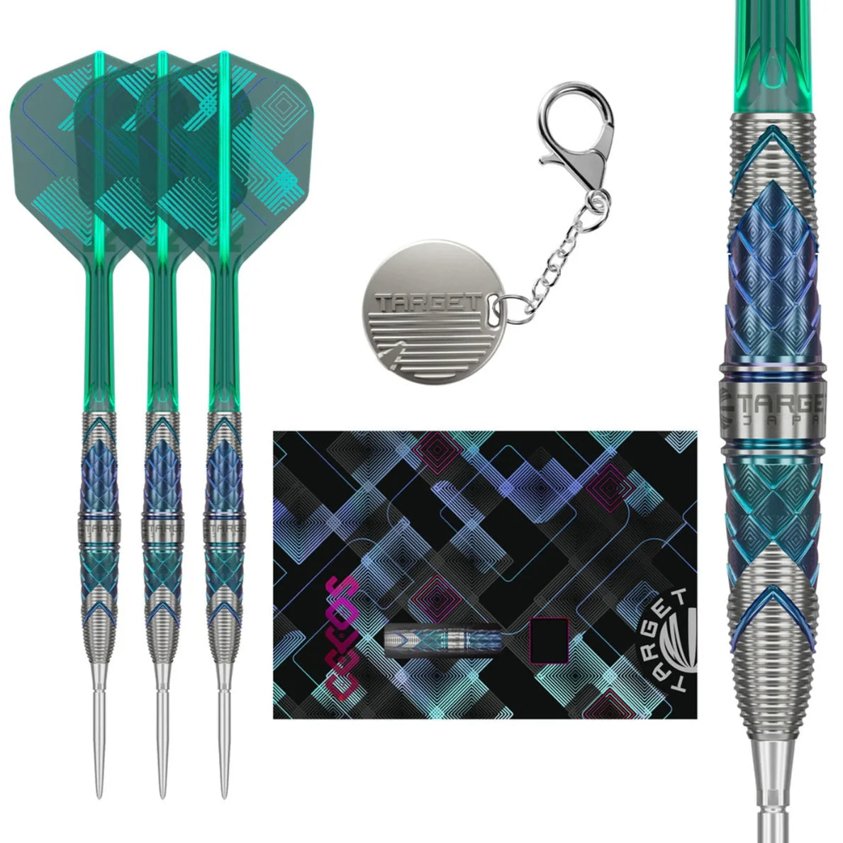 Three 90% tungsten darts with green flights, close-up of textured barrel grip, case, and metal keychain, all on white background