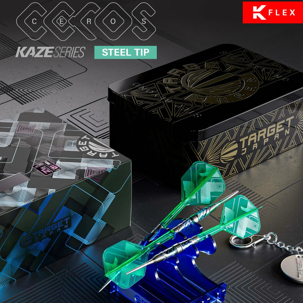 Angled view of Ceros 01 steel tip darts with green flights, two decorative boxes, and keychain on display stand