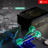 Angled view of Ceros 01 steel tip darts with green flights, two decorative boxes, and keychain on display stand