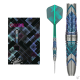 Full view of 90% tungsten dart with macro close-up on grip texture and retail packaging, showcasing fine barrel detailing for dart players