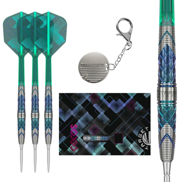 Flat lay of 90% tungsten darts set with green flights, textured grip barrels, keychain, and patterned packaging on white background