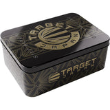 Angled view of black and gold dart storage tin, showing premium packaging for 90% tungsten darts with geometric design