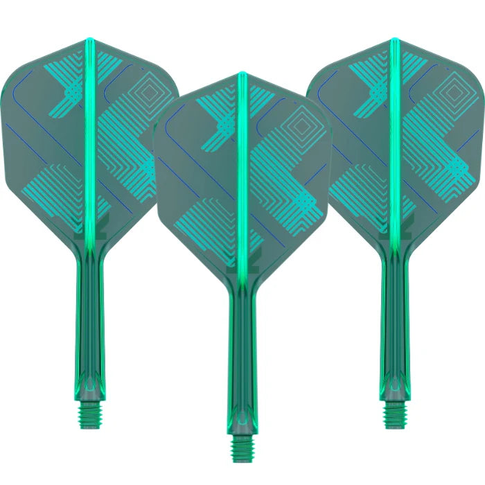 Set of three green dart flights and shafts with geometric pattern, full product view on white background for tungsten darts