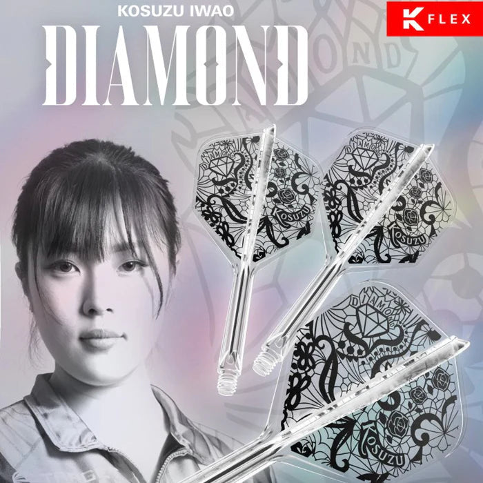 Three K-Flex No.6 dart flight shaft combos with black diamond and floral pattern, angled display on pastel background, detailed flight design