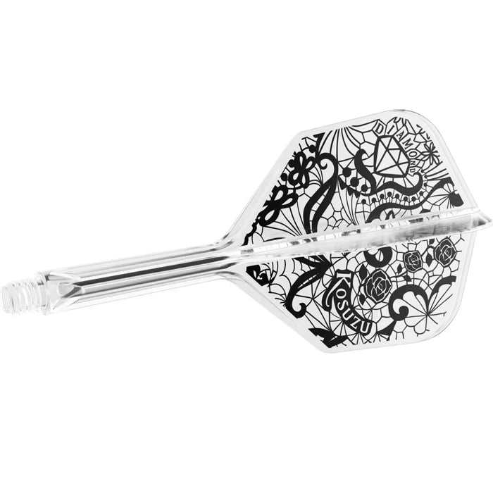 Angled view of clear dart shaft with black Diamond K-Flex No.6 flight, showcasing intricate flight pattern on white background