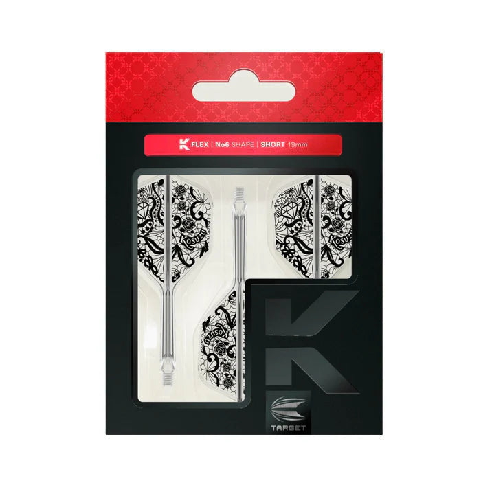 Packaged dart flight shaft combo set No.6 shape, black and white floral graphics, three pieces arranged in retail display