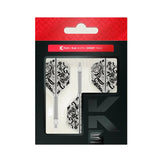 Packaged dart flight shaft combo set No.6 shape, black and white floral graphics, three pieces arranged in retail display