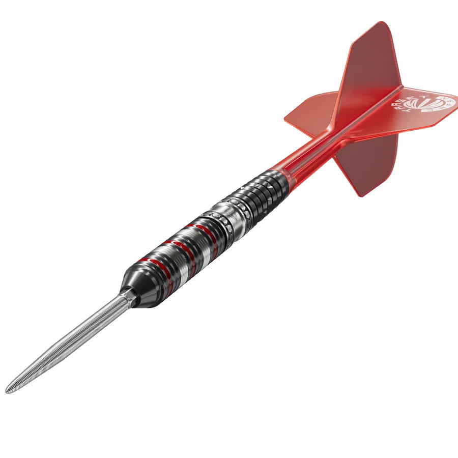 Angled close-up of 90% tungsten steel tip dart with precision ringed barrel grip and red translucent flight isolated on white background