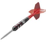 Angled close-up of 90% tungsten steel tip dart with precision ringed barrel grip and red translucent flight isolated on white background