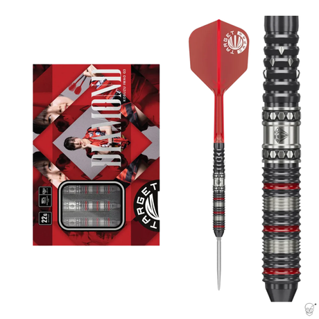 Steel tip tungsten darts in retail packaging, full dart view, macro close-up of precision grip rings and red-black barrel accents.