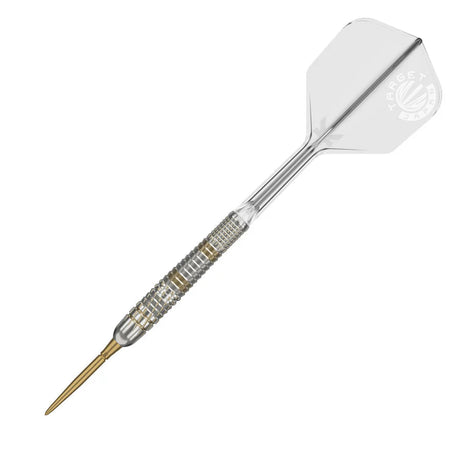 Steel tip tungsten dart with gold point, detailed grip, and transparent flight, angled full view on white background