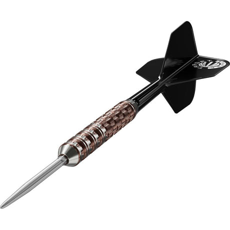 Angled steel tip dart with 90% tungsten barrel, precision grip rings, and black flights isolated on white background